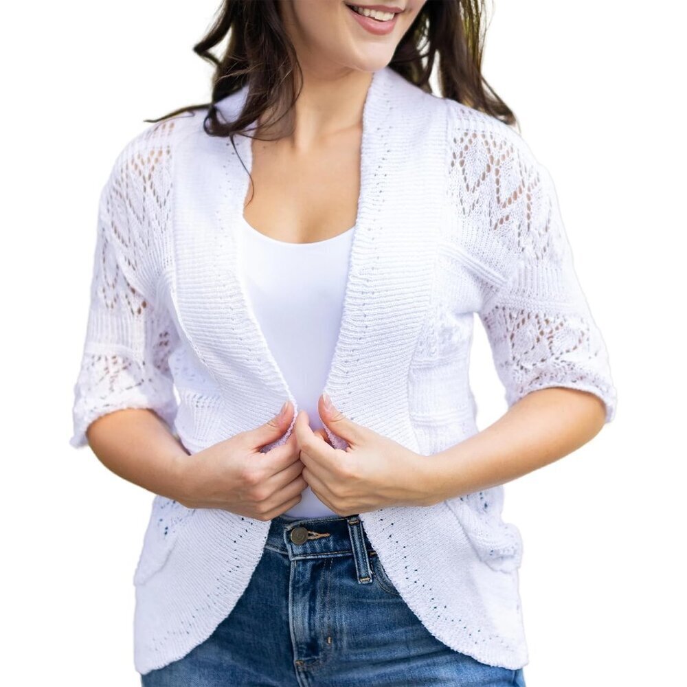 Women's Cotton-Acrylic Short Sleeve Crochet Bolero Shrug Cardigan Plus Size